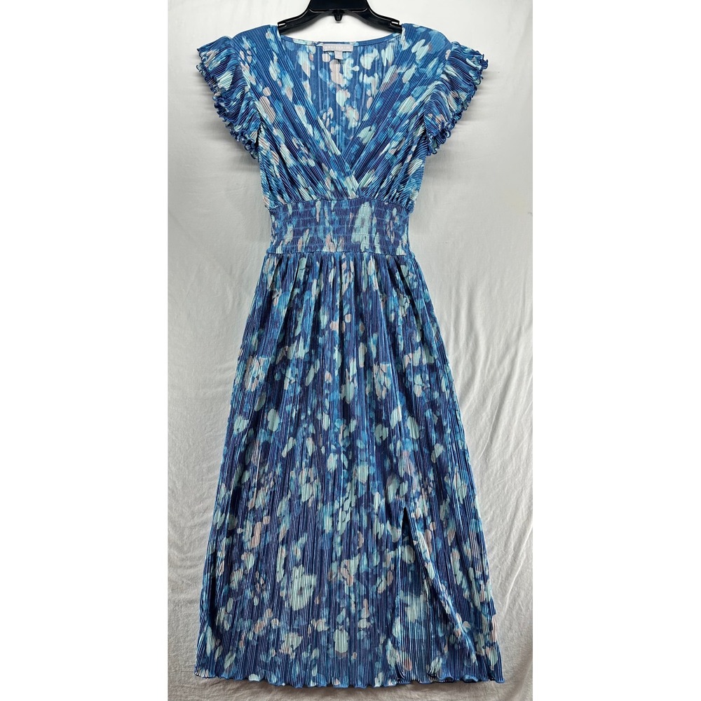 Chelsea28 Blue Abstract Floral Pleated Midi Dress Smocked Waist Ruffle Sleeve XS